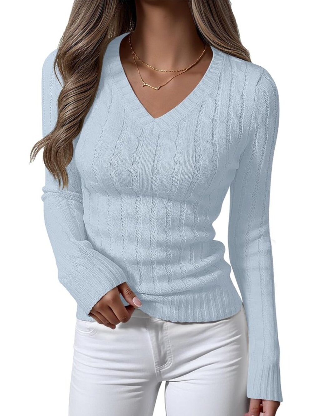Women's Light Blue Long Sleeves V-Neck Cable Knit Fitted Winter Pullover Sweater